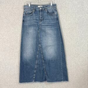 Lucky Brand Denim Maxi Skirt Size 10 Long Raw Hem Cotton Boho Western Country